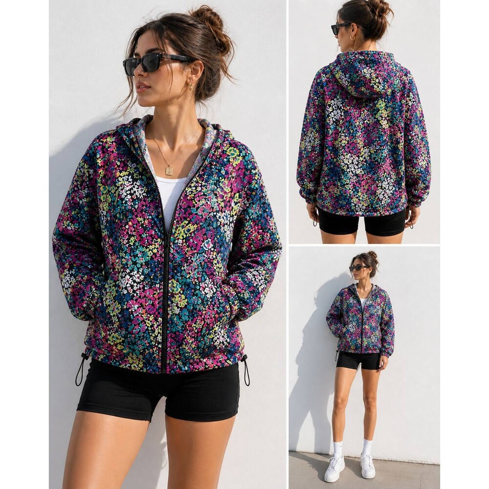Champion Floral Windbreaker Jacket Womens Large L Hooded Full Zip Lightweight